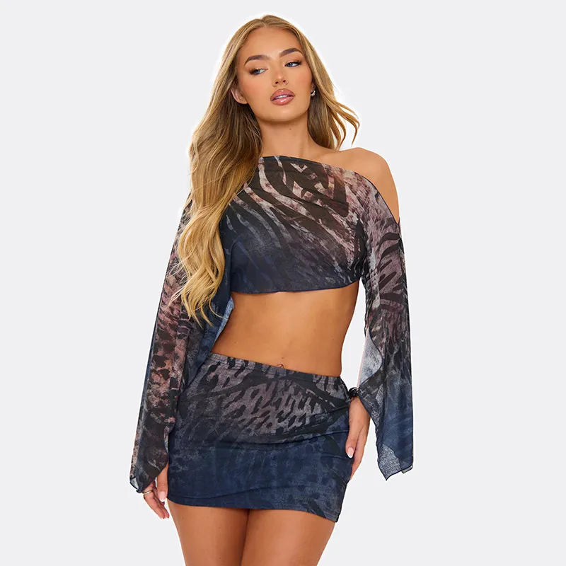 Women Fashion Sexy Summer Tiger Print Mesh Off-Shoulder Long Sleeve Crop Top Tight Skirt Two-Piece Set