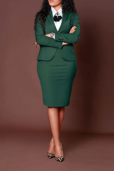 Women Fashion Casual Workwear Spring Long Sleeve Blazer Slim Fit Skirt Two-Piece Set