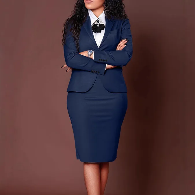 Women Fashion Casual Workwear Spring Long Sleeve Blazer Slim Fit Skirt Two-Piece Set