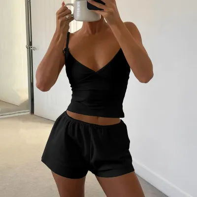 Women Fashion Summer Sports Solid Color Camisole Slim-Fit Shorts Two-Piece Set
