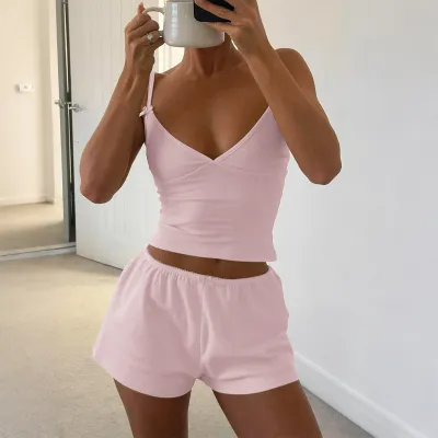 Women Fashion Summer Sports Solid Color Camisole Slim-Fit Shorts Two-Piece Set