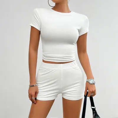 Women Fashion Casual Spring And Summer Sports Solid Color Short-Sleeve T-Shirt Slim-Fit Short Two-Piece Set