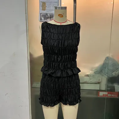 Women Fashion Sexy Summer Solid Color Sleeveless Pleated Tank Top Slim Fit Shorts Two-Piece Set