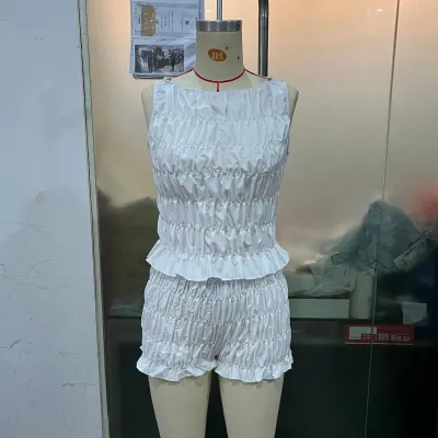Women Fashion Sexy Summer Solid Color Sleeveless Pleated Tank Top Slim Fit Shorts Two-Piece Set