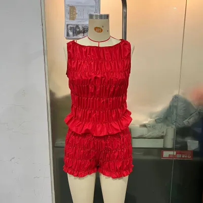 Women Fashion Sexy Summer Solid Color Sleeveless Pleated Tank Top Slim Fit Shorts Two-Piece Set