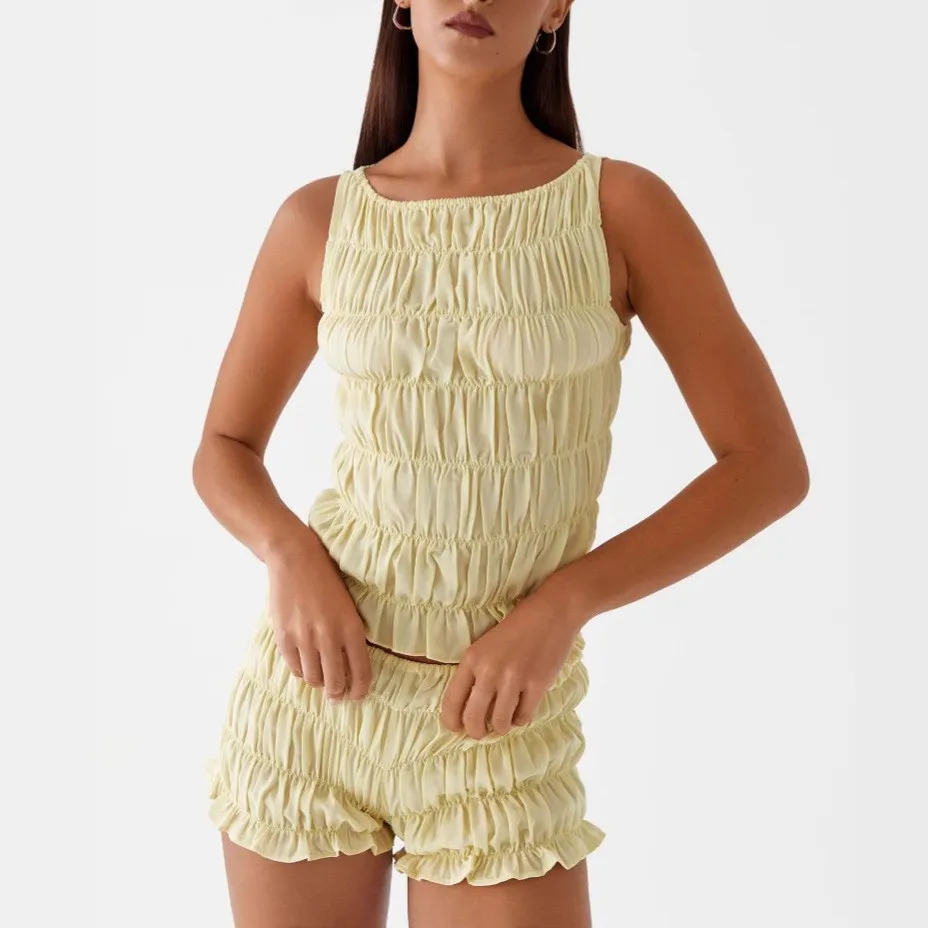 Women Fashion Sexy Summer Solid Color Sleeveless Pleated Tank Top Slim Fit Shorts Two-Piece Set