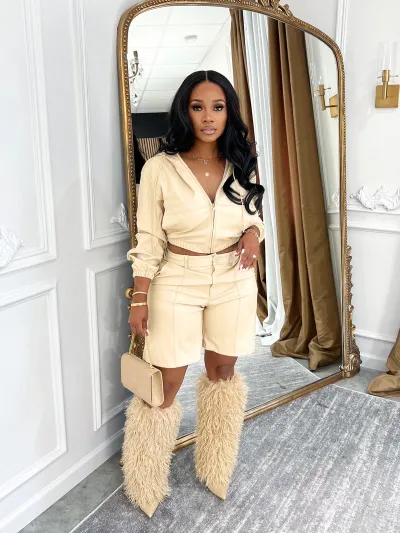 Women Fashion Casual Summer Motorcycle Style Pu Leather Solid Color Long-Sleeve Hoodies Shorts Two-Piece Set