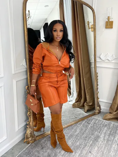Women Fashion Casual Summer Motorcycle Style Pu Leather Solid Color Long-Sleeve Hoodies Shorts Two-Piece Set