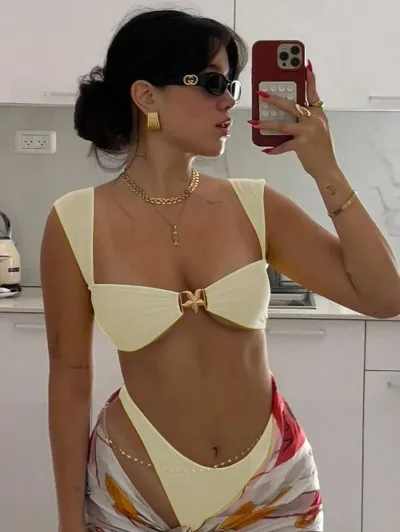 Women Fashion Sexy Solid Color Metallic Decoration Bikini Swimsuit