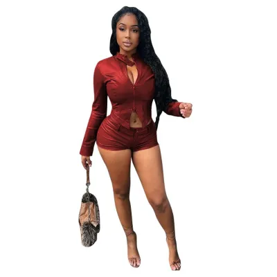 Women Fashion Sexy Summer Motorcycle Style Pu Leather Long-Sleeve Jacket Tight Shorts Two-Piece Set