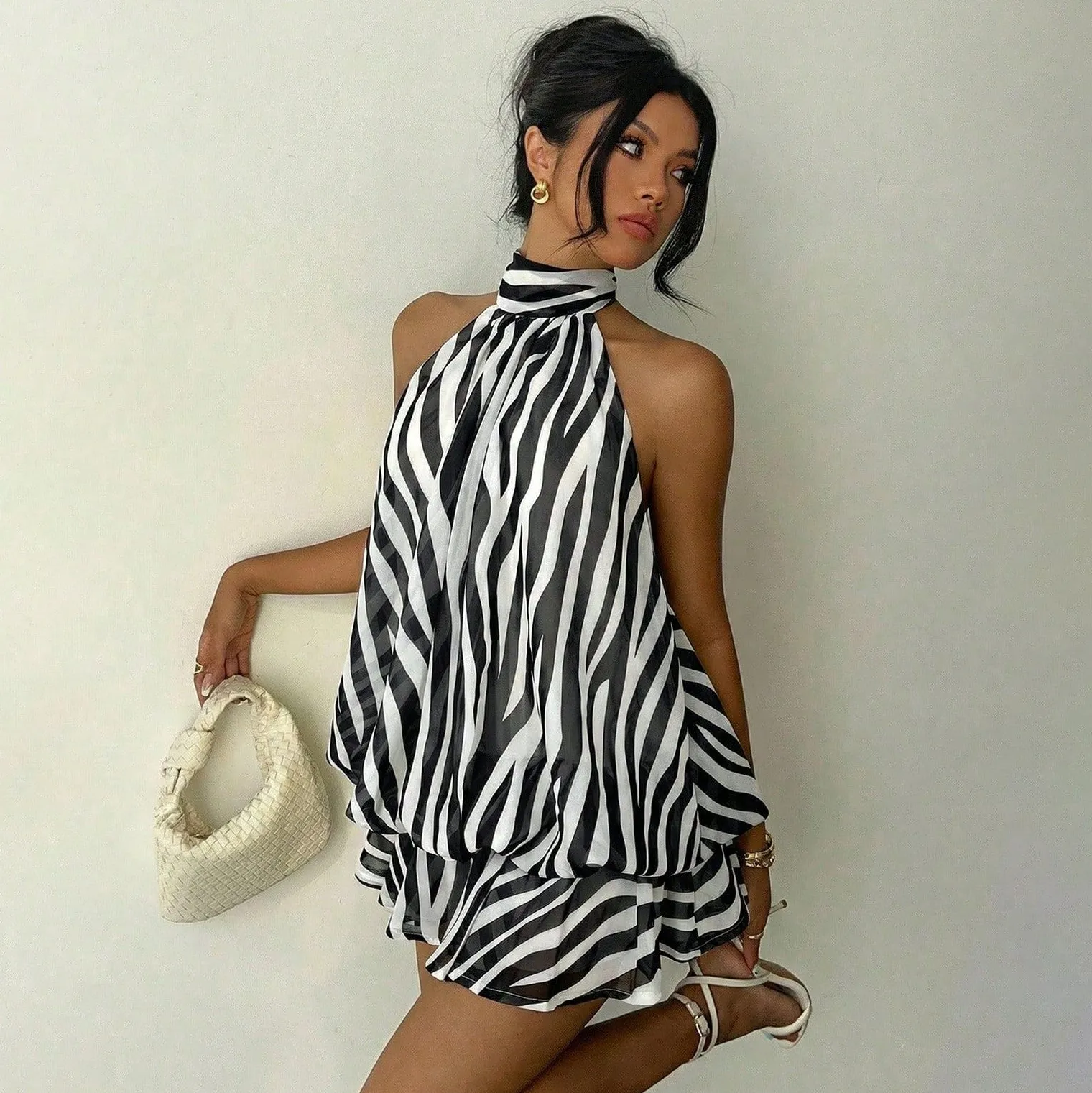 Women Sexy Summer Zebra Stripe Halter-Neck Sleeveless Backless Puffy Mesh Dress
