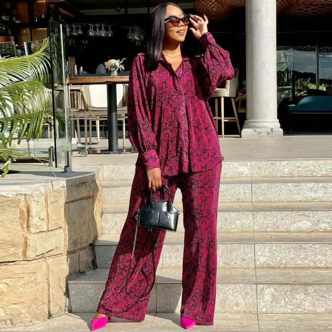 Women Fashion Casual Spring Printed Lapel Long-Sleeve Cardigan Loose Pants African Two-Piece Set