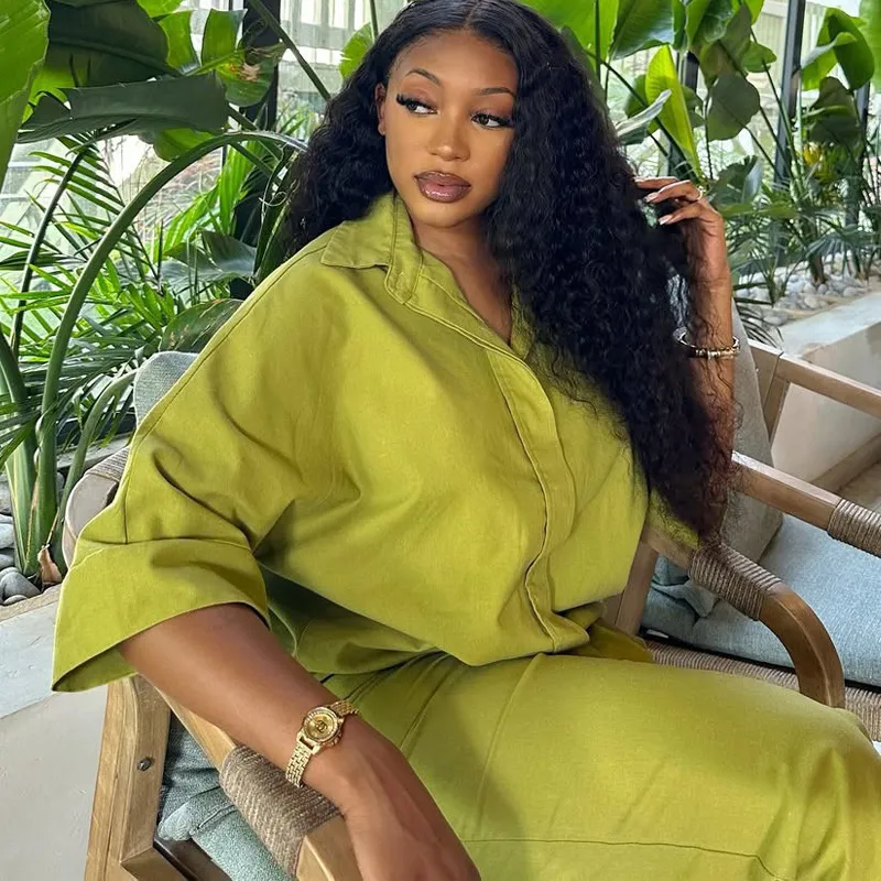 Women Fashion Casual Spring Solid Color Lapel Short-Sleeve Blouse Loose Pants African Two-Piece Set