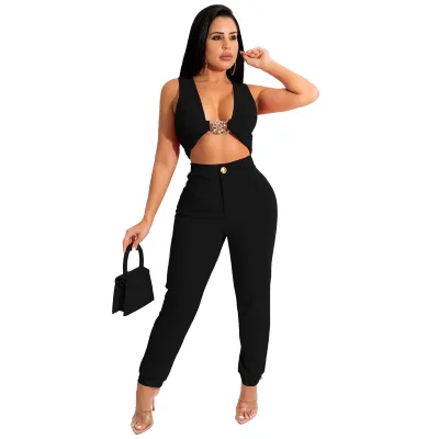 Women Fashion Sexy Summer Solid Color Sleeveless Metal Buckle Crop Top Tight Pants Two-Piece Set