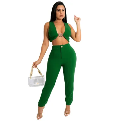 Women Fashion Sexy Summer Solid Color Sleeveless Metal Buckle Crop Top Tight Pants Two-Piece Set