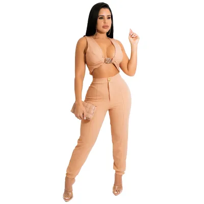 Women Fashion Sexy Summer Solid Color Sleeveless Metal Buckle Crop Top Tight Pants Two-Piece Set
