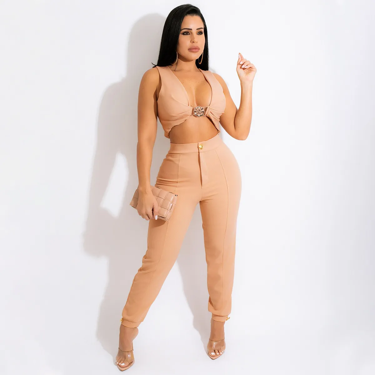 Women Fashion Sexy Summer Solid Color Sleeveless Metal Buckle Crop Top Tight Pants Two-Piece Set
