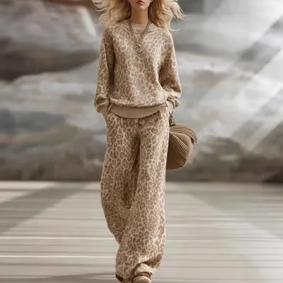 Women Fashion Casual Lt.Brown Leopard Round-Neck Long Sleeve Sweatshirt Loose Pants Two-Piece Set