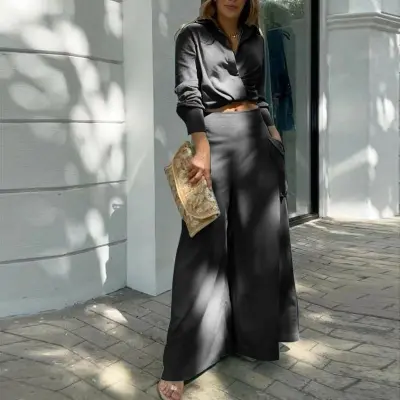 Women Fashion Casual Spring Solid Color Lapel Long Sleeve Blouse Wide-Leg Pants Two-Piece Set