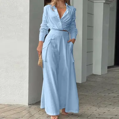 Women Fashion Casual Spring Solid Color Lapel Long Sleeve Blouse Wide-Leg Pants Two-Piece Set