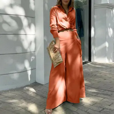 Women Fashion Casual Spring Solid Color Lapel Long Sleeve Blouse Wide-Leg Pants Two-Piece Set