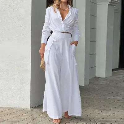 Women Fashion Casual Spring Solid Color Lapel Long Sleeve Blouse Wide-Leg Pants Two-Piece Set