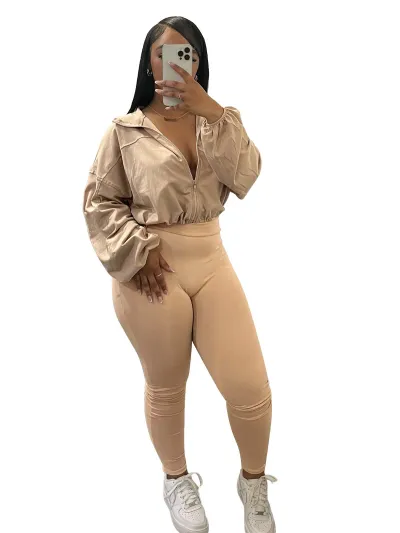 Women Fashion Casual Spring Solid Color Lapel Long-Sleeve Zipper Drawstring Crop Top Tight Pants Two-Piece Set