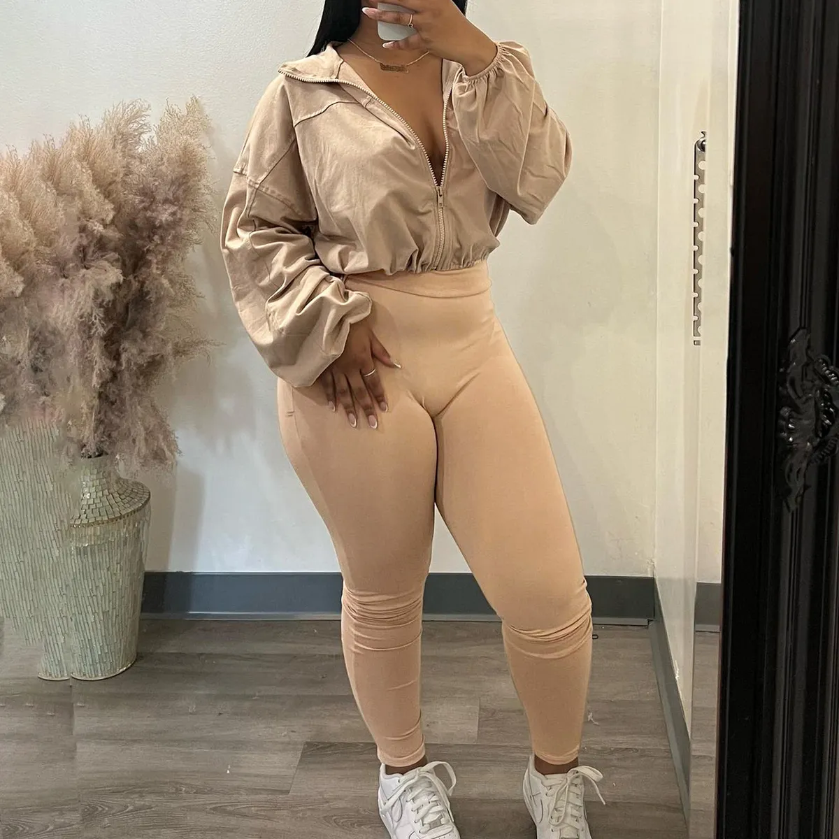 Women Fashion Casual Spring Solid Color Lapel Long-Sleeve Zipper Drawstring Crop Top Tight Pants Two-Piece Set