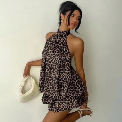 Women Sexy Summer Leopard Print Halter-Neck Sleeveless Backless Puffy Mesh Dress