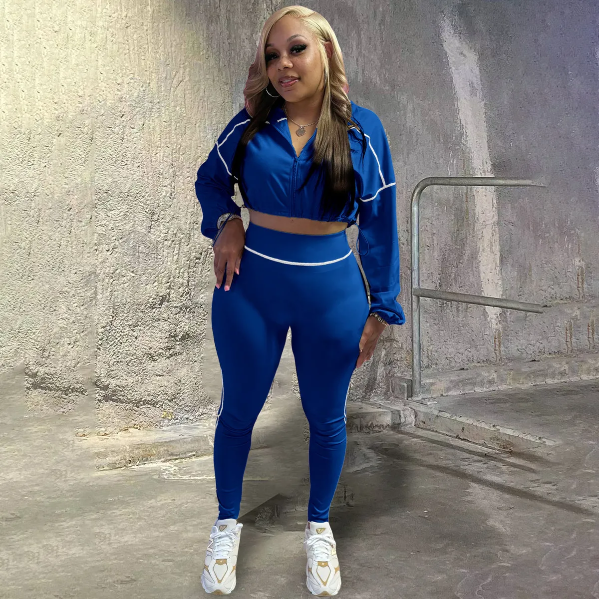 Women Fashion Casual Spring Solid Color Lapel Long-Sleeve Crop Top Tight Waist Pants Two-Piece Set