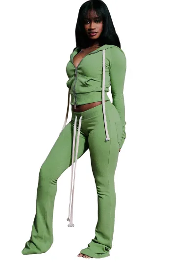 Women Fashion Casual Spring Solid Color Zipper Long-Sleeve Hoodies Slim-Fit Pocket Pants Two-Piece Set