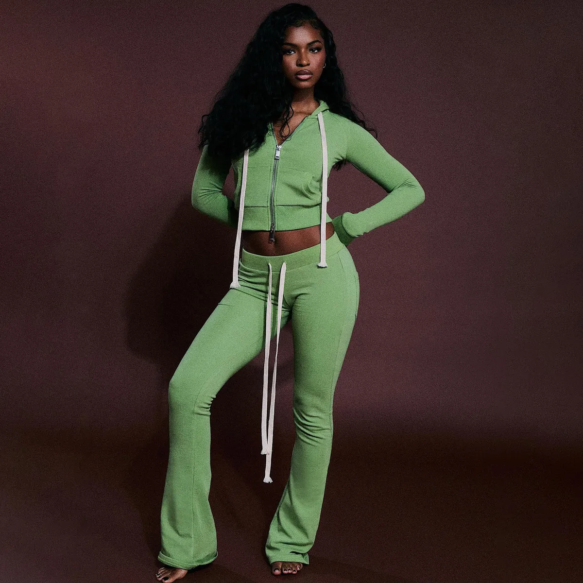 Women Fashion Casual Spring Solid Color Zipper Long-Sleeve Hoodies Slim-Fit Pocket Pants Two-Piece Set