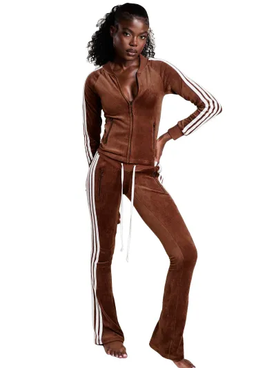 Women Fashion Casual Spring Side Stripe Zipper Long-Sleeve Jacket Drawstring Micro Flared Pants Two-Piece Set