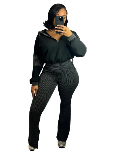 Women Fashion Casual Spring Stripe Twist Stitching Long-Sleeve Hoodies Flared Pants Two-Piece Set