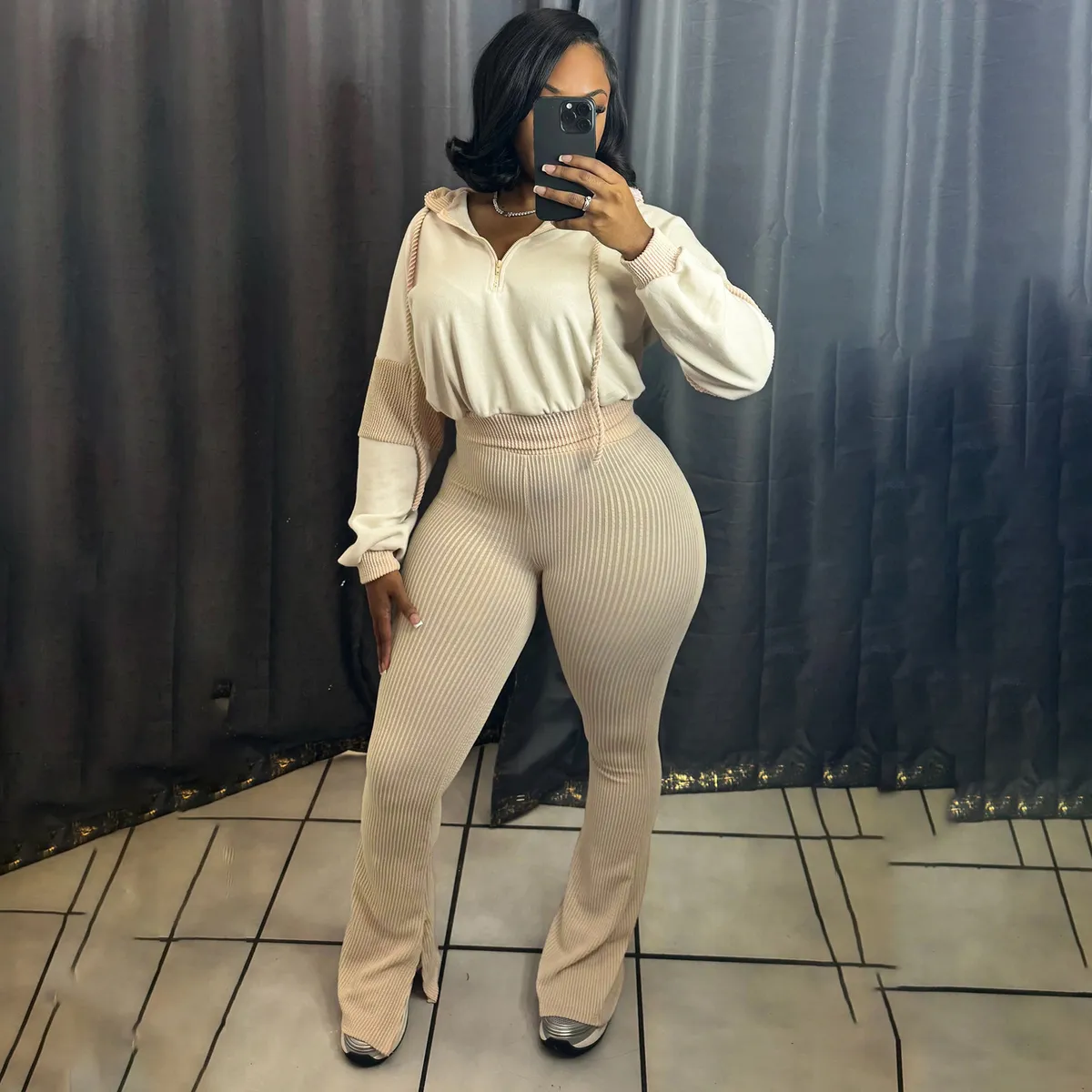 Women Fashion Casual Spring Stripe Twist Stitching Long-Sleeve Hoodies Flared Pants Two-Piece Set