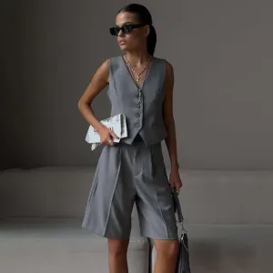 Women Fashion Casual Spring And Summer Workwear Solid Color V-Neck Single-Breasted Vest Loose Shorts Two-Piece Set