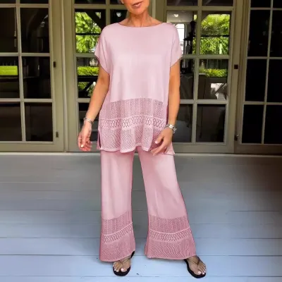Women Fashion Casual Plus Size Summer Solid Color Hollow Short-Sleeve Top Loose Elastic Waist Pants Two-Piece Set