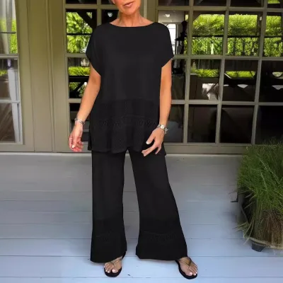Women Fashion Casual Plus Size Summer Solid Color Hollow Short-Sleeve Top Loose Elastic Waist Pants Two-Piece Set