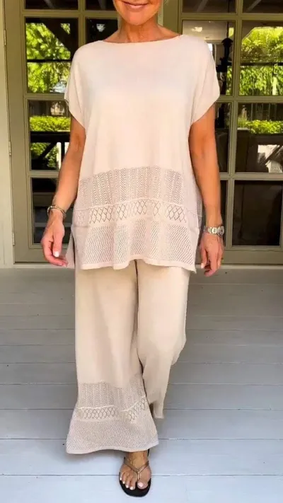Women Fashion Casual Plus Size Summer Solid Color Hollow Short-Sleeve Top Loose Elastic Waist Pants Two-Piece Set