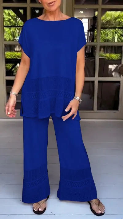Women Fashion Casual Plus Size Summer Solid Color Hollow Short-Sleeve Top Loose Elastic Waist Pants Two-Piece Set