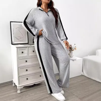 Women Fashion Casual Plus Size Spring Contrast Color Rib Lapel Long-Sleeve Top Loose Pants Two-Piece Set