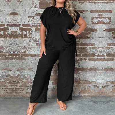 Women Fashion Casual Plus Size Spring Solid Color Round Neck Short-Sleeve T-Shirt Wide-Leg Pants Two-Piece Set