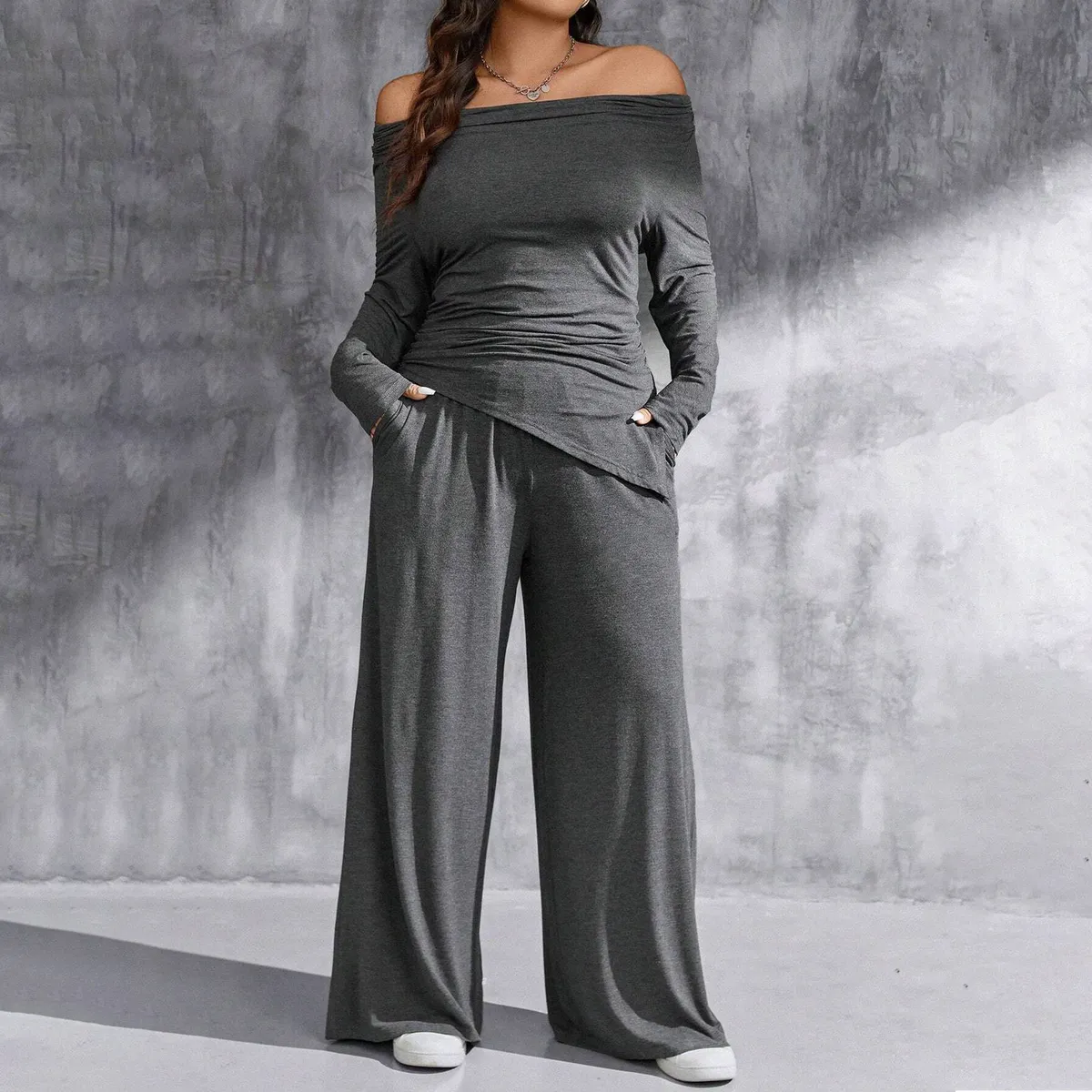 Women Fashion Casual Plus Size Spring Solid Color Off-Shoulder Long-Sleeve Top Wide-Leg Pants Two-Piece Set