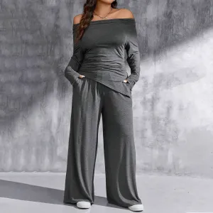 Women Fashion Casual Plus Size Spring Solid Color Off-Shoulder Long-Sleeve Top Wide-Leg Pants Two-Piece Set