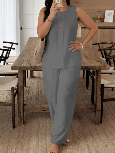 Women Fashion Casual Plus Size Spring Solid Color Cotton-Linen Sleeveless Tank Top Loose Pants Two-Piece Set