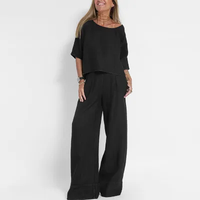 Women Fashion Casual Plus Size Spring Solid Color Cotton And Linen Short Sleeve Blouse Loose Pants Two-Piece Set