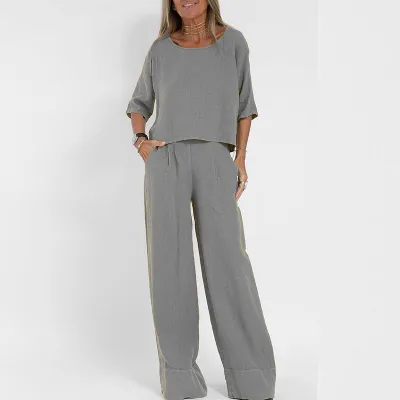 Women Fashion Casual Plus Size Spring Solid Color Cotton And Linen Short Sleeve Blouse Loose Pants Two-Piece Set