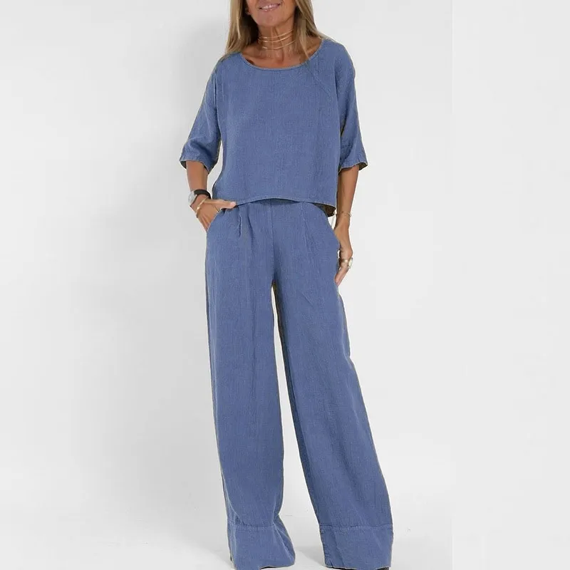 Women Fashion Casual Plus Size Spring Solid Color Cotton And Linen Short Sleeve Blouse Loose Pants Two-Piece Set