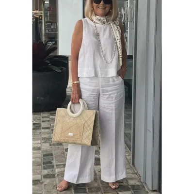 Women Fashion Casual Plus Size Spring And Summer Solid Color Cotton And Linen Sleeveless Tank Top Loose Pants Two-Piece Set