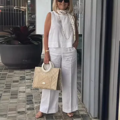 Women Fashion Casual Plus Size Spring And Summer Solid Color Cotton And Linen Sleeveless Tank Top Loose Pants Two-Piece Set